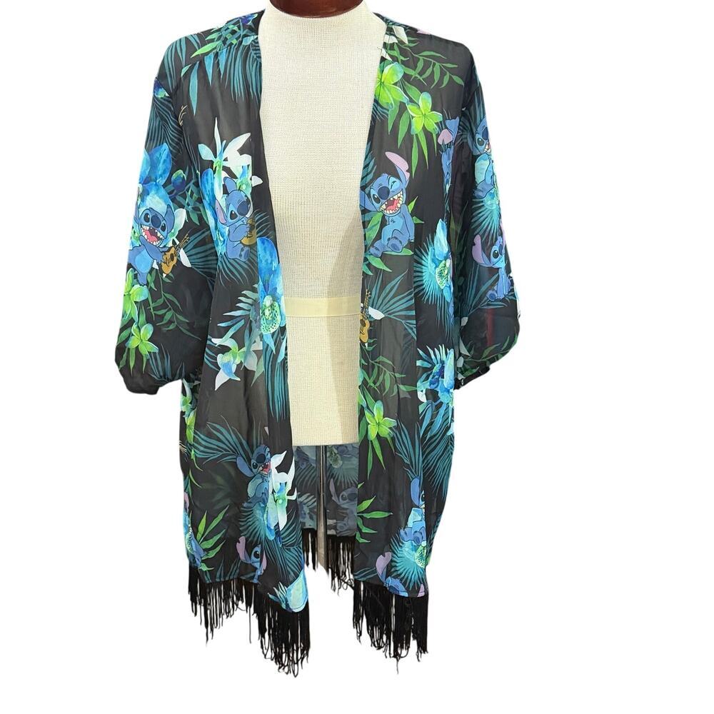 Disney Lilo Stitch Ukulele & Scrump Tropical Floral Sheer Kimono w/ Fringe Large